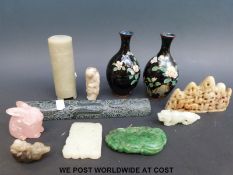 A pair of Chinese cloisonne vases, jadeite vase, rose quartz rabbit, two jadeite carvings,