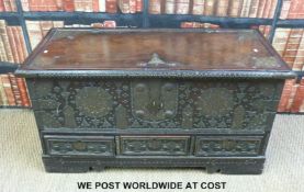 A 19thC Indian brass bound and embellished hardwood trunk over three drawers,