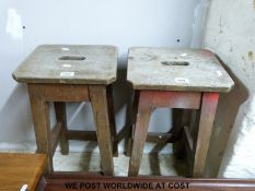 Two oak school type stools (height 60cm)