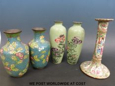 Two pairs of cloisonne vases and a 19thC Chinese famille rose candlestick