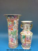 A 19thC Chinese famille rose cylindrical vase (16cm tall) and a twin handled 19thC Chinese famille