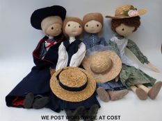 Four Sally Johnstone's Country Collection traditional rag dolls,