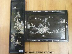 Two Thai/Vietnamese hardwood panels with mother of pearl inlay depicting figures and landscapes