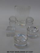 A pair of Boda-Afors candle holders signed B Vallien, pair Kosta 95857 owls, one signed Lindstrom,