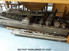 An elm door/shutter, carved oak mantel shelf,