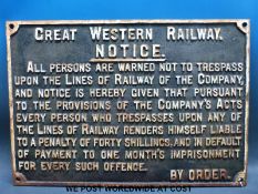 A cast iron GWR 'No Trespassing' sign (50 x 72cm)