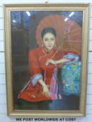 In the manner of Chen Yifei: Oriental style oil on board of a seated lady with parasol leaning on a