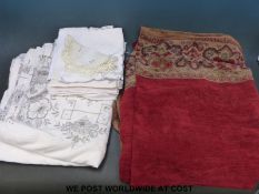 A crushed velvet vintage table cloth/throw (167 x 248cm) and an embroidered table cloth with