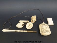A Chinese carved ivory shell, carved ivory beetle, bone inro,