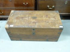 A camphor wood box with metal banding , stamped J.M.