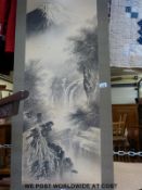 A Japanese scroll painting of a waterfall and mountain scene,