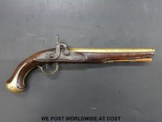 Parkes of London 20 bore percussion hammer action holster pistol with 23cm engraved brass barrel
