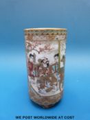 A Japanese Meiji period cylindrical footed vase decorated with figures and fine gilt work (8.