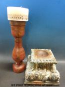 An Easter candle holder formed from a column together with a turned wooden candle stick