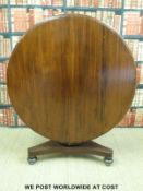 A 19thC mahogany breakfast table on tripod base (diameter 123 x H72cm)