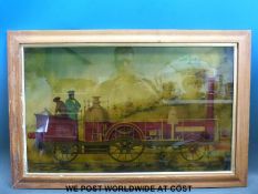 A framed oil painting on glass depicting mid 19thC steam locomotive 