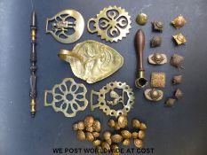 A collection of military buttons and 'pips' together with a Victorian shot measure,