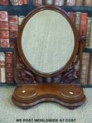 A 19thC mahogany table top mirror with carved frame and jewellery boxes (H70cm)