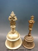 Two Hindu brass bells with monkey god handles