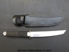 Japanese tanto knife with 19cm polished stainless steel blade in leather sheath,