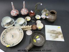 A collection of Japanese & Chinese ceramics to include white metal coin,
