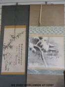 Two Japanese scroll paintings, one depicting bamboo and calligraphy with two seal marks,