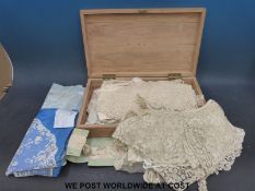 A wooden box containing a good collection of 18thC & 19thC lace