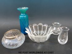 A turquoise azure blue Mdina vase, 23cm tall, together with a Caithness rose bowl,