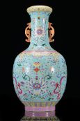 A fine turquoise ground famille rose vase with Jia- qing seal mark to base,