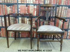 A late 19thC / early 20thC line inlaid bar back chair and a further chair