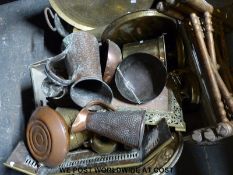 A collection of metalware to include candlesticks, trays, vases etc,