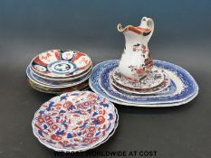 A small collection of Japanese Imari ceramics, 19thC blue and white meat platter,
