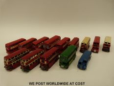 Nine Dinky and five Budgie toys diecast model double and single decker buses.