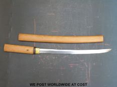 Japanese wakizashi sword with gold wrapped habaki and 44cm blade in later wooden handle and