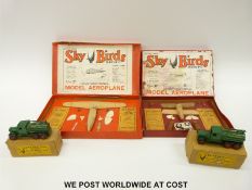 Two GiveJoy Skybirds wooden model aeroplane sets no10 and no13 together with two six-wheel Aircraft