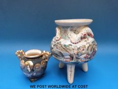 A Japanese Satsuma koro and another container decorated with warriors and immortals (largest 14cm