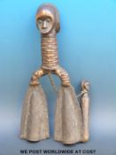 African, possibly Cameroon, tribal ceremonial bell, the top in the form of a figure,