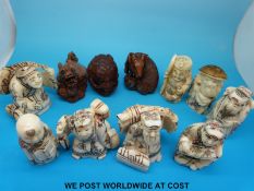 Eight bone netsukes and three wooden examples