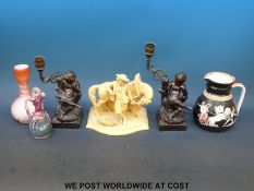 A pair of 19th century ceramic and bronze figural candelabra, Prattware jug,