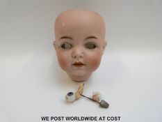 Franc, Schmidt & Co bisque dolls head with open mouth and weighted blue eyes,