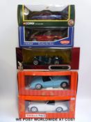Five Tonka Polistil, Corgi and other 1:18 scale diecast model cars, all in orginal boxes.