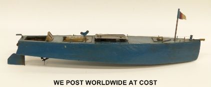 A scratch built model of a motor torpedo boat with wooden hull and clockwork motor c1930, 65cm long,