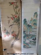 Four Japanese scroll paintings of mountainous scenes and another scroll painting