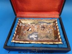 A cased Japanese Meiji period Satsuma tray decorated with warriors and immortals (15 x 10cm)