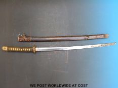 Japanese shinto katana sword with early 70cm blade, bound white shagreen tsuka, gilt pierced tsuba,