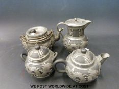 A Chinese pewter bound black basalt tea set.
