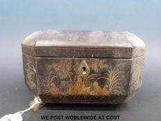 A Chinese lacquer tea caddy with Pak Tong/pewter two division compartments within (length 20cm)