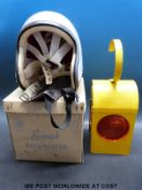 A boxed 'Everoak Racemaster' vintage helmet and visor together with a traffic lamp