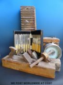 A Toulet Imperator pigeon clock together with two vintage woodworking planes,