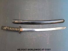 Japanese wakazahi sword with signed tang, bound white shagreen tsuka, pierced tsuba,